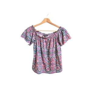 Primark Pink & Aqua Paisley Short Sleeve Floral Peasant Top Size M US 8
